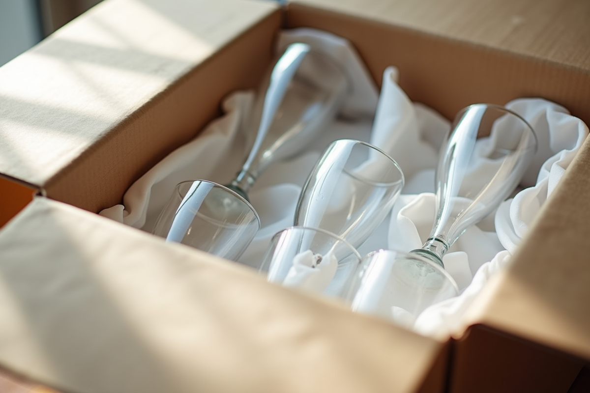 Verres en cristal délicats emballés dans du papier blanc pour déménagement