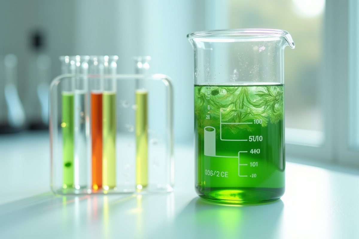 Verres de test pH avec eau verte et algues