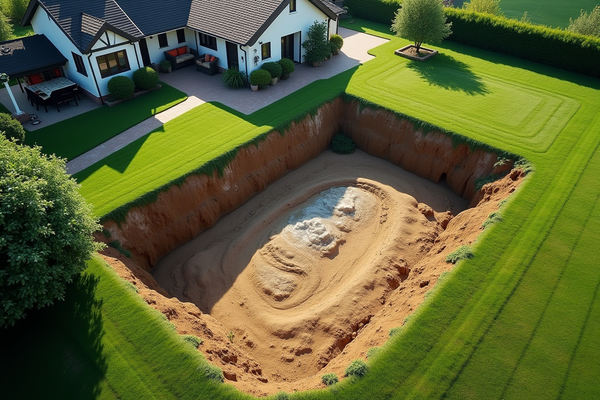 Vue aérienne d un puit eauxusees en jardin rural en plein jour