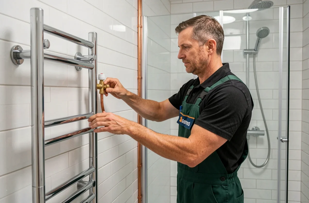 Technicien de Wuilmart Sanitherm réglant un sèche-serviettes thermique dans une salle de bain carrelée du Pas-de-Calais
